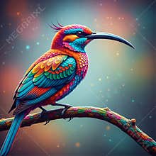 An AI generated image of colorful bird perching on a branch in forest