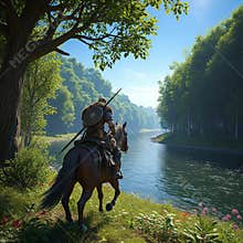 An AI generated image of a lone medieval fantasy wanderer riding a horse in forested wilderness
