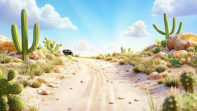 Sunny desert path with cacti and rocks under blue sky with clouds