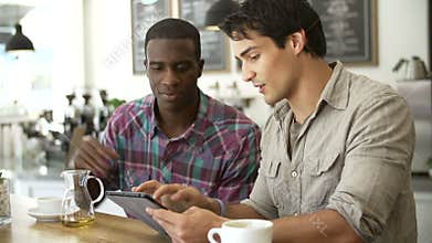 Two Male Friends In Coffee Shop Looking At Digital Tablet