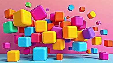 A vibrant composition featuring an array of irregularly sized and shaped 3D blocks in primary and secondary Generative AI