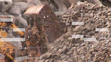 After static loader bucket tilting into gravel scooping and dumping for leveling with HUD overlay