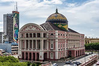 Facade of the imposing Amazonas Theater in the city of Manaus in Brazil. Symbol of the golden period of rubber in Brazil