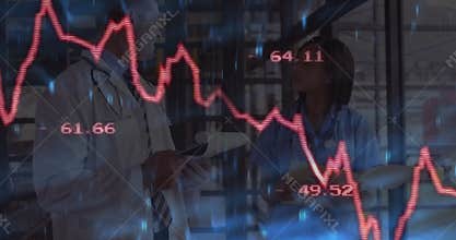 Two physicians examining records in corridor responding to red moving graph overlay, comparing data
