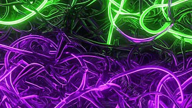 Neon Lattice - 4K Glowing Green & Purple Abstract Wire Network for Tech Aesthetics & Futuristic Decor