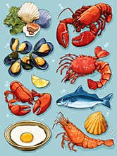 Cartoon Seafood Set for Kids Menu Featuring Colorful Illustrations of Lobsters, Fish, and Shells in a Playful Style