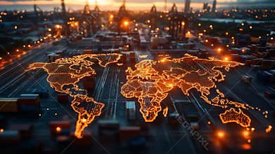 Global trade network at sunset in industrial shipping port with illuminated world map. Import tariffs concept