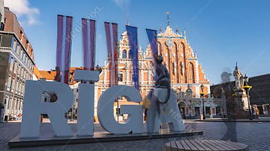 Riga Sign and House of the Blackheads in Old Town Riga, Latvia