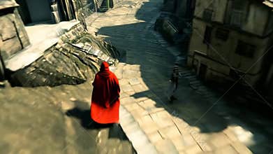 Mysterious Figure runs in a Medieval Village Ai Generative