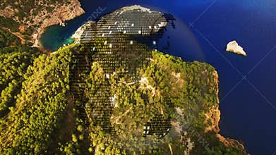 Forest peninsula appearing overhead, showing winding trails, rocky cove, dotted globe overlay
