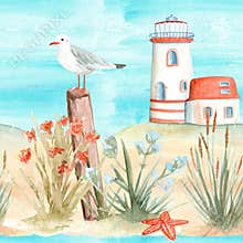 Coastal grass, seagull, lighthouse, starfish watercolor seamless border. Perfect for website headers, packaging, blog