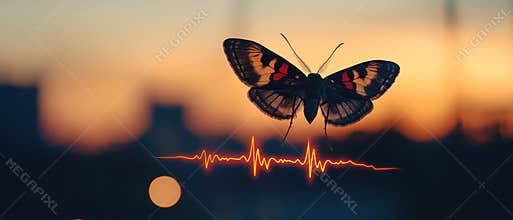 Butterfly in Flight with Sound Waves and Sunset Background