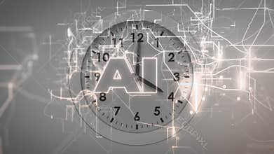 Analog clock face glowing with AI circuitry patterns overlaying network nodes in grayscale design