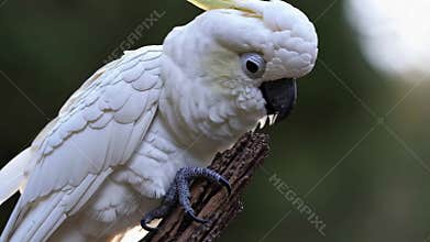 AI-generated white cockatoo perched on a tree branch