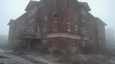 Mysterious Abandoned Brick Building Shrouded in Fog