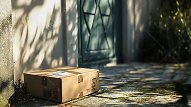 Cardboard box left on doorstep, illustrating home delivery and e commerce