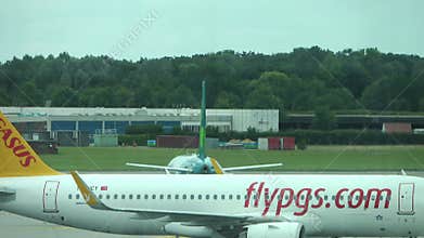 Hamburg, Germany - 10. July 2025: Pegasus Airlines Airbus A321 aircraft taxiing at Hamburg Airport