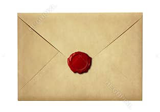 Mail envelope or letter sealed with wax seal stamp