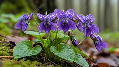 Captivating Close-Up of Purple Violets in the Rain, Lush Greenery and Natural Setting