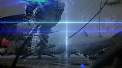 Female technician adjusting sensor over plane while blue code overlay scrolling for calibration