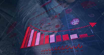 Man wearing surgical mask pressing shoulder while activating rising medical chart with virus icons
