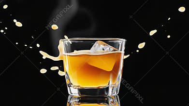 Dramatic Splash of Whiskey with Ice on Black Background for Creative Designs Generative AI