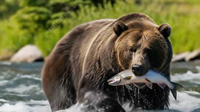 Powerful brown bear standing in river, holding large salmon after successful hunt.