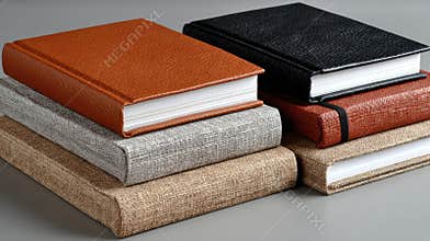 Four hardcover books in vibrant colors are stacked together, showcasing their textures against a gray background