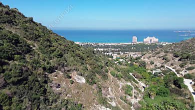 Aerial footage of Nahal Siah,famous hiking route on mount Carmel inside mediterranean city Haifa,Israel