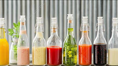 Variety glass bottles with homemade hot sauces and vinegar on rustic wooden surface