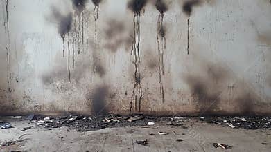 Burned room showing fire damage with ashes and soot on wall
