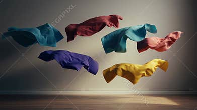 Vibrant fabrics suspended in motion: colorful textile dynamics in airy display