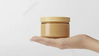 Female Hand Holding Jar Of Creamy Body Scrub On White Background With Copy Space Available
