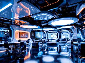 Futuristic Modern Technology Office Interior with Blue and Orange Neon Lights