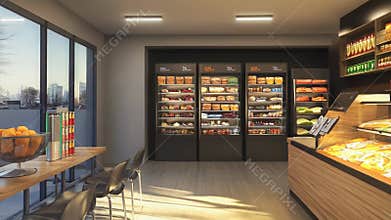 Modern automated micro market offering fresh food and snacks in an office building