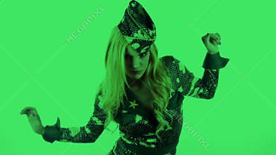 Beautiful female dance wearing army costume