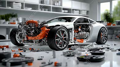 Transparent auto structure: internal mechanism, modern transport, x-ray body, car suspension, advanced technology, innovative