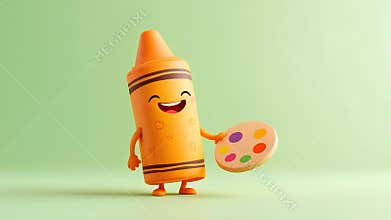 Cute orange crayon holding paint palette on green background