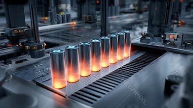 Robotic arm placing hot cylindrical batteries on assembly line