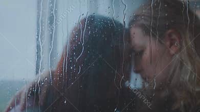 Two person silhouette family care love. young adult woman daughter hugging sad elderly lady mother old age 60s