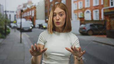 Young blonde woman holds hands raised with palms facing forward on a city street; calm reassurance peace serenity