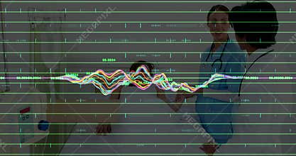 Woman lying on clinic bed, nurse helping, doctor placing sensor, fetal heartbeat waveform appearing