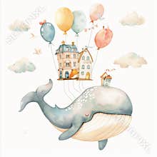 Baby clip art with a cute flying whale, a flying lighthouse, and air balloons. Children illustration.