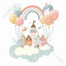 A beautiful modern clip art composition of a baby and a lighthouse with balloons in watercolors. A stock illustration