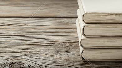 Four books stacked on a wooden table.