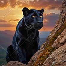 A powerful panther sitting atop a rocky cliff at sunrise, its muscular form bathed in golden and amber hues