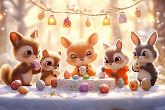 Charming woodland animals gather to joyfully paint Easter eggs, surrounded by a sunlit forest and colorful decorations
