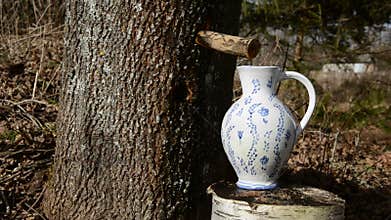 Fresh and sweet maple sap in the pitcher