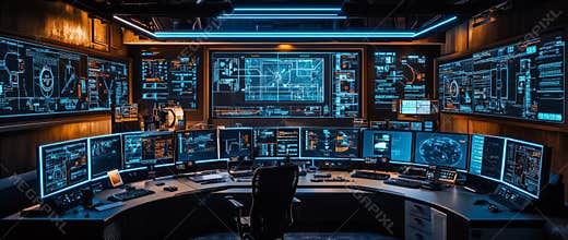 A futuristic command center's interior, or the control room of a spy base or spaceship, equipped with digital