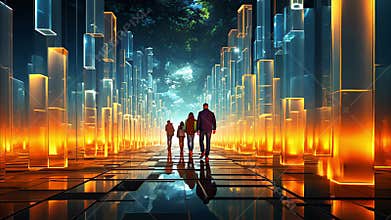 A futuristic cityscape with tall buildings and people walking around. The atmosphere is mysterious and intriguing